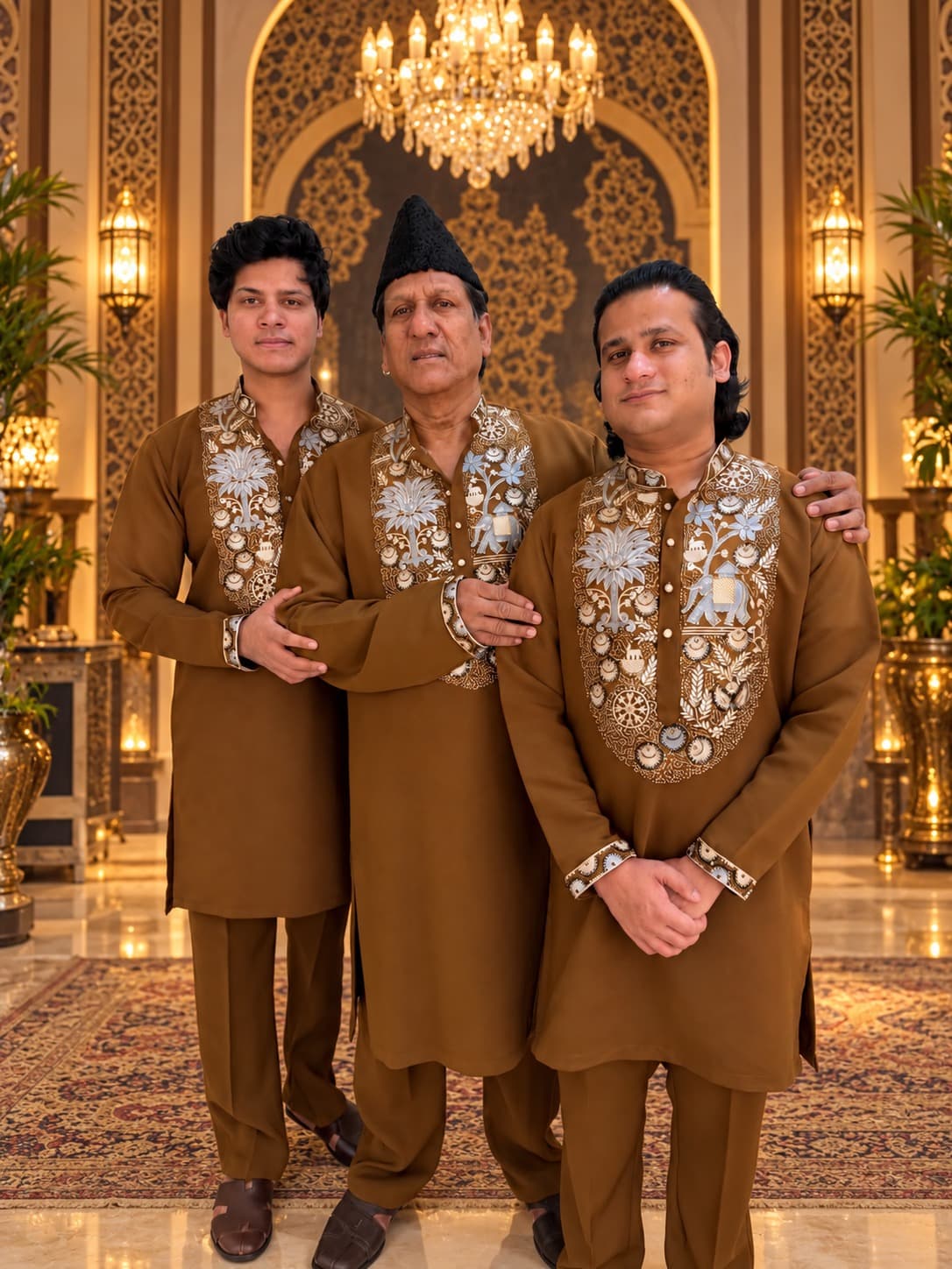 Ustad Chand Nizami with Gulkhan Nizami and Gulfam Nizami in matching brown embroidered outfits